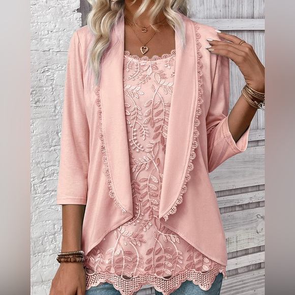 MODLILY ® Light Pink 3/4 Sleeve Fake Two Piece Twinset size L - Picture 5 of 7